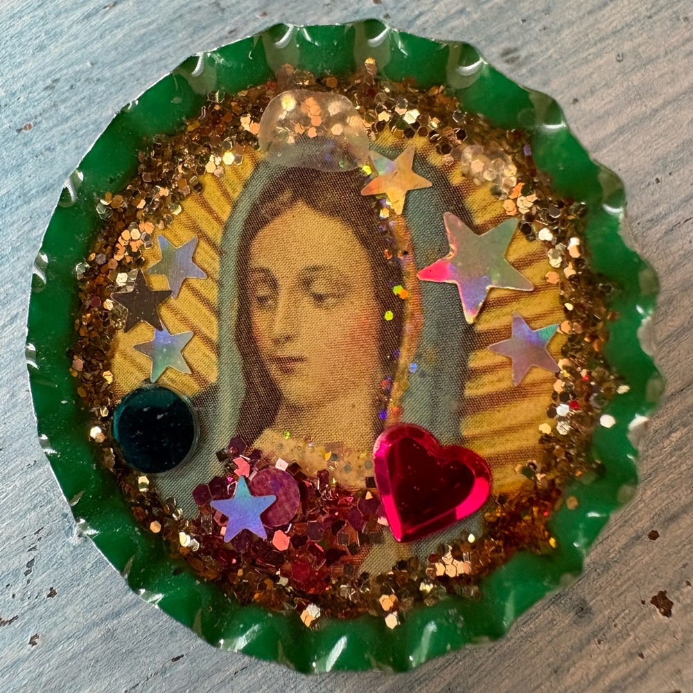 From Santa Fe, NM a Hand-Crafted Virgin Mary Bottlecap Shrine Pin with Sequins